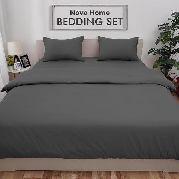 Bedding Set King with Fitted Sheet, Duvet Cover & 2 Pillowcases – Dark Grey Microfibre 4 Piece Bed Set | Soft, Durable & Easy Care King Bedding for All Season Comfort in Modern Bedroom