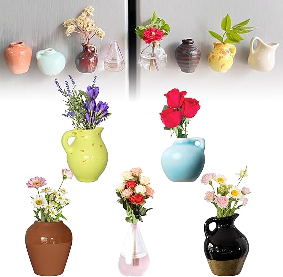 Mini Vase Magnets for Fridge, 3D Ceramic Tiny Flower Vases (a-5pcs) | Mini Bud Vases Magnetic, Cute Tiny Flower Vases 3D Ceramic, Ideal for Kitchen, Storage Cabinet, Office & Display