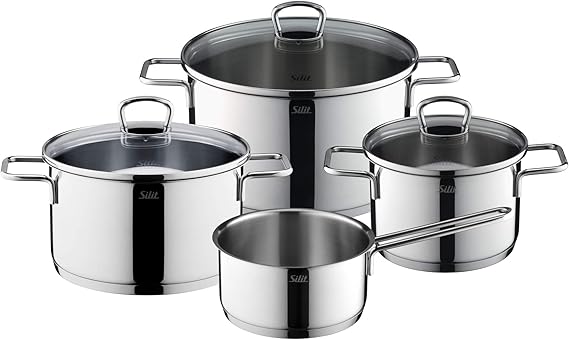 Silit Alicante 4-Piece Induction Saucepan Set with Glass Lid, Polished Stainless Steel, Induction Pots Set, Uncoated