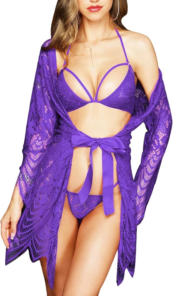 SEDEX Women's Lingerie Set Dress Lace Negligee Bra and Briefs Sleepwear Transparent Robe Set Cardigan with Belt G-String Bikini Cover Up One Piece Lace Erotic Set Lingerie