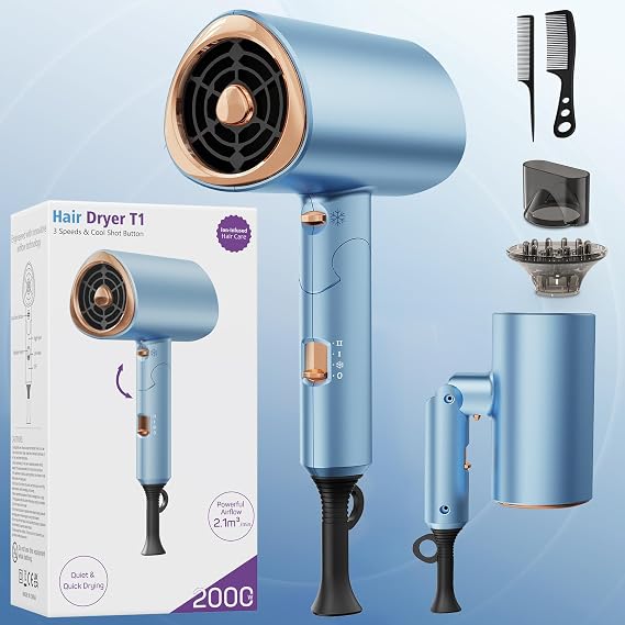 Ionic Hair Dryer 2000W, Professional Hairdryer with Cold Air Mode, Anti-Frizz, 2 Speed 3 Heat Settings, Diffuser & Concentrator, Styling Combs, Portable Travel Hair Dryer for Women & Men, Blue