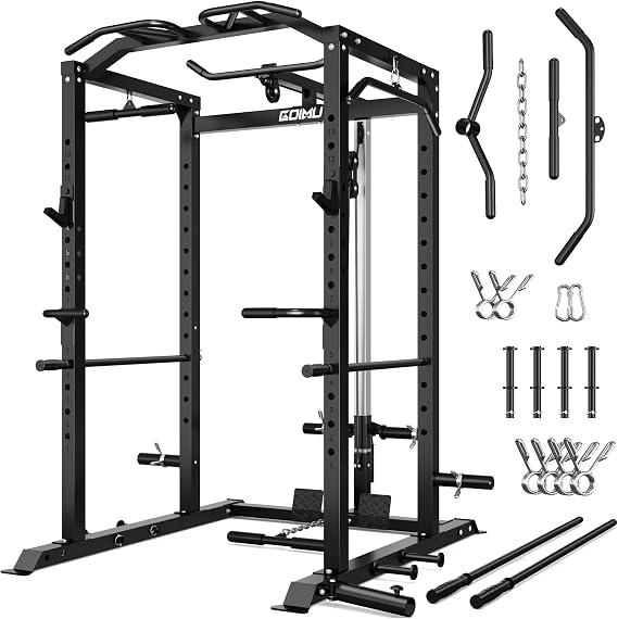 C1-V4 Power Cage, 2000LBS Squat Rack with LAT Pulldown, Multi-Function Weight Cage Strength Training Machine, Workout Cage with More Attachments for Home Gym Garage