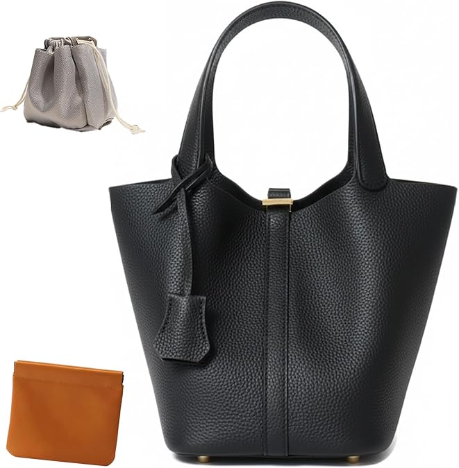 Genuine Leather Bucket Bag, Top-Handle Satchel Handbag with Lock