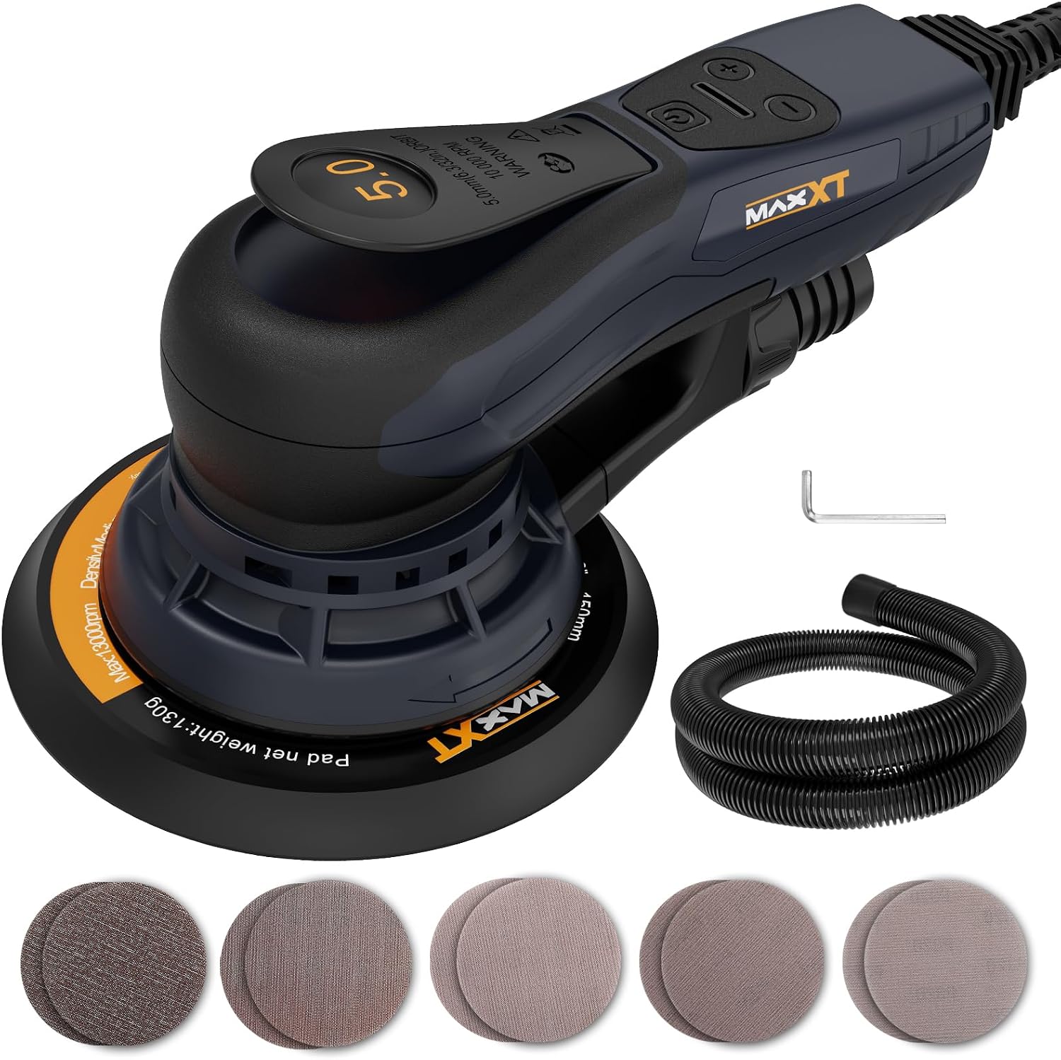MAXXT Brushless 5.0mm Random Orbital Sander | 230V Multi-Function | Variable Speed | Electric Orbital Sander | with 10 Sanding Discs for Woodworking