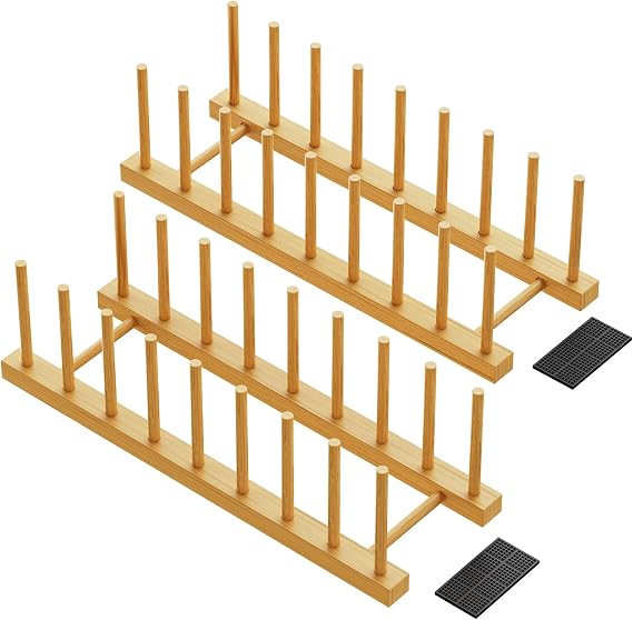 Bamboo Dish Drying Rack, 2-Pack Plate Organizer for Kitchen Cabinet, Vertical Plate Holders with 8 Compartments