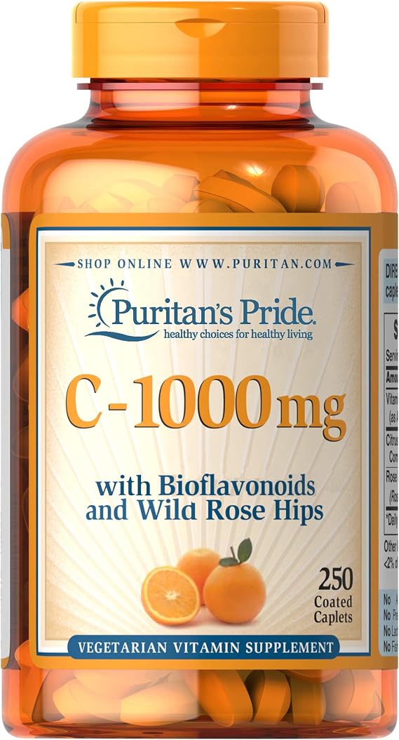 Puritans Pride Puritan's Vitamin C 1000mg with Bioflavonoids Rose Hips Supports | Immune Support Supplement | Unflavored Healthy Supplement | Coated Caplets | Vegetarian Vitamin Supplement - 250 Count