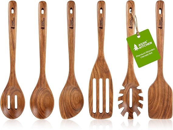 AIUHI Wooden Utensils Set of 6, Teak Wood Kitchen Utensils Set for Non-stick Cookware, Non-Toxic Wooden Spoons for Cooking-Durable, Comfortable Grip & Heat Resistant