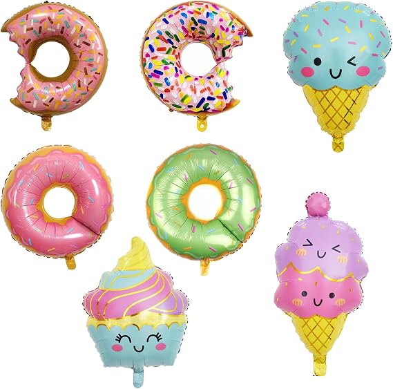 7Pcs Ice Cream Balloons and Donut Foil Balloon Set Doughnut Mylar Balloons for Ice Cream Summer Hawaii Luau Birthday Baby Shower Party Decorations Supplies
