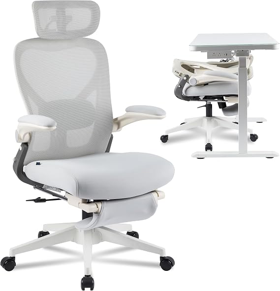 FLEXISPOT Foldex Mesh Ergonomic Office Chair, Folding, Grey | Folding Chair for Small Spaces, Lumbar Support, Flip-up Armrests, 3D Headrest, Footrest, Soft Memory Foam
