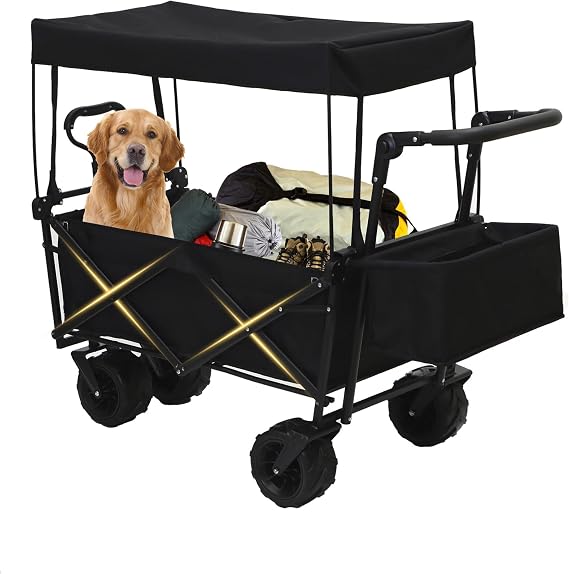 200L Collapsible Wagon Cart with Canopy, Heavy Duty Folding Tools Utility Cart with Wheels for Outdoor Camping, Black