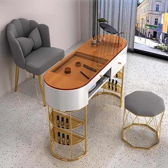 Modern Tempered Glass Manicure Desk, Professional Nail Tech Work Station, Free Standing Nail Accessories, Floor Standing Art Nail Desk with Storage Socket, Mobile Pedicure Booth,80cm