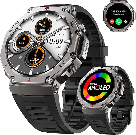 Military Smart Watch for Men 1.43 AMOLED GPS Smartwatch 5ATM Waterproof Rugged Fitness Tracker with Altitude Compass Air Pressure Heart Rate Sleep Monitoring Compatible with iOS Android