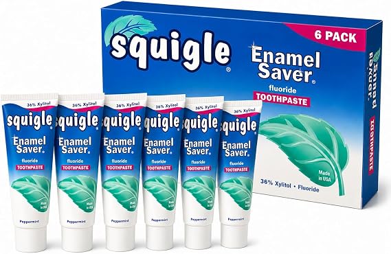 Squigle Enamel Saver Fluoride Toothpaste for Sore & Sensitive Mouths, 36% Xylitol, SLS Free, Low Foam, Mild Peppermint - (6 Pack)