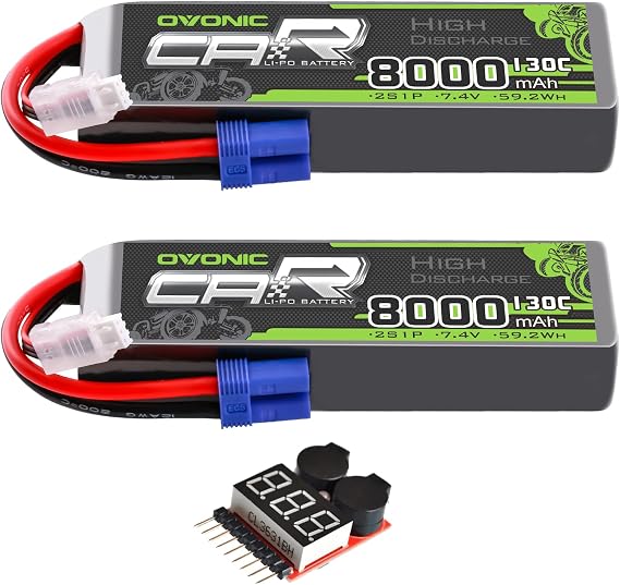 OVONIC 2S LiPo Battery 8000mAh 7.4V 130C RC Battery with EC5 Connector (2 Pack)(with Lipo Voltage Checker)