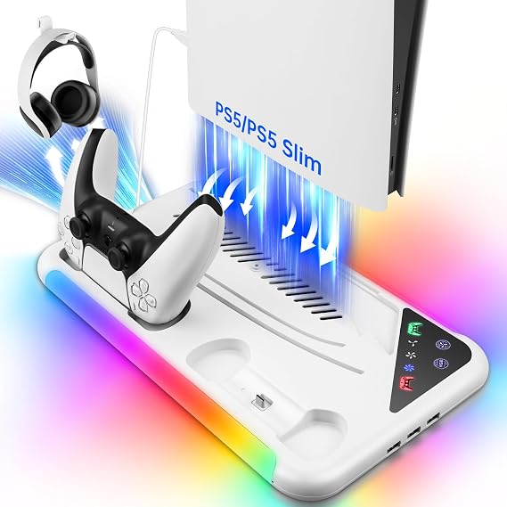 PS5 Slim Konsol Disk/Dijital, Beyaz için Soğutma İstasyonu ve Kontrol Cihazı Şarj İstasyonlu PS5 İnce Stand