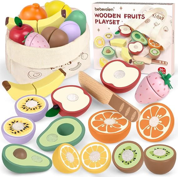 Beberolen Wooden Play Food Cutting Fruit and Veg Toy Kitchen Accessories
