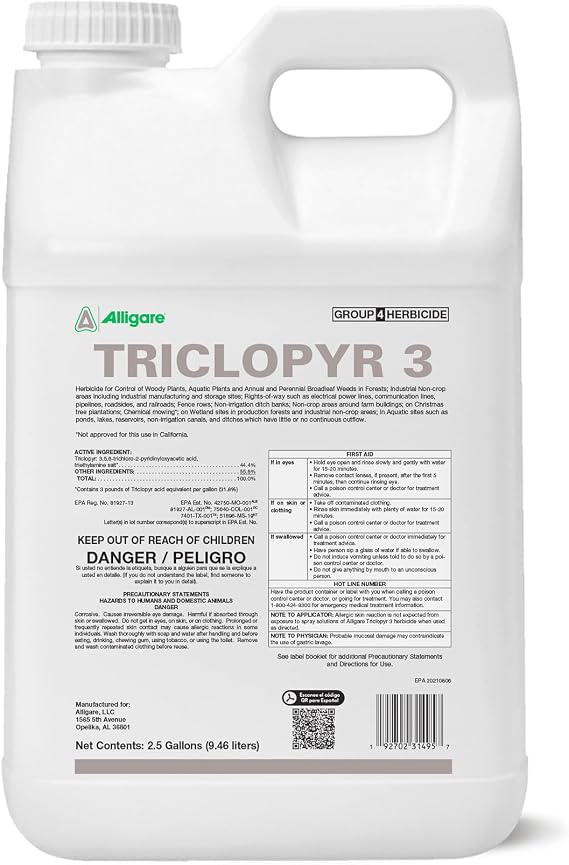 ALLIGARE -Triclopyr 3 Herbicide - Selective Weed Killer for Woody Plants, Grass, Brush - Ideal for Forests, Non-Crop Areas, and Industrial Sites - 2.5 Gal, Compare to Garlon 3A