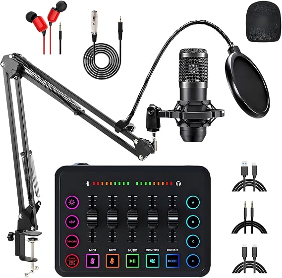 Complete Podcast Set With Rgb Mixer, Bm-800 Microphone And More, Real-Time Feedback, 48V Phantom Power