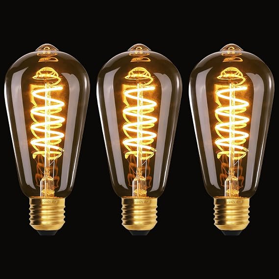 Terafeels 3 Pack E27 Screw Bulbs, ST64, 4W, 220-240V, 2700K Warm White Glow, Amber Glass, Spiral Filament, Dimmable Vintage LED Light Bulb, Decorative Bulbs [Energy Class E]