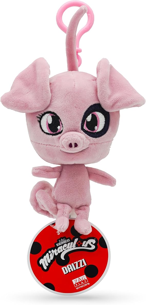 Miraculous Ladybug - Kwami Lifesize Daizzi, 5-inch Pig Plush Clip-on Toys for Kids, Super Soft Collectible Stuffed Toy with Glitter Stitch Eyes and Color Matching Backpack Keychain (Wyncor)
