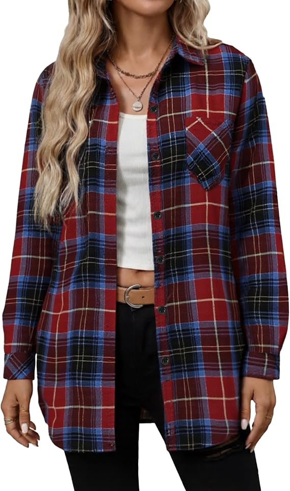 Womens Plaid Button Down Shirts Oversized Long Sleeve Flannel Shirt Business Casual Blouse Tops
