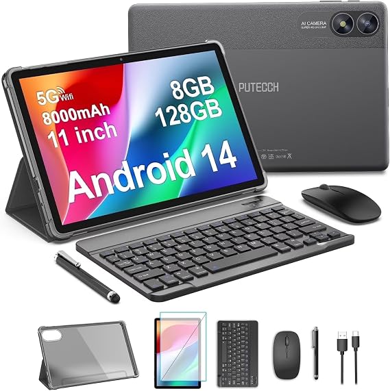 Android Tablet,10.1 Inch Android 14, 8GB(4+4) RAM, 64GB ROM, 1.6GHz Octa Core, 1280 x 800 IPS, Dual Camera, 6000mAh Tablet Kit with Keyboard, Protective Case, Mouse (Gray)