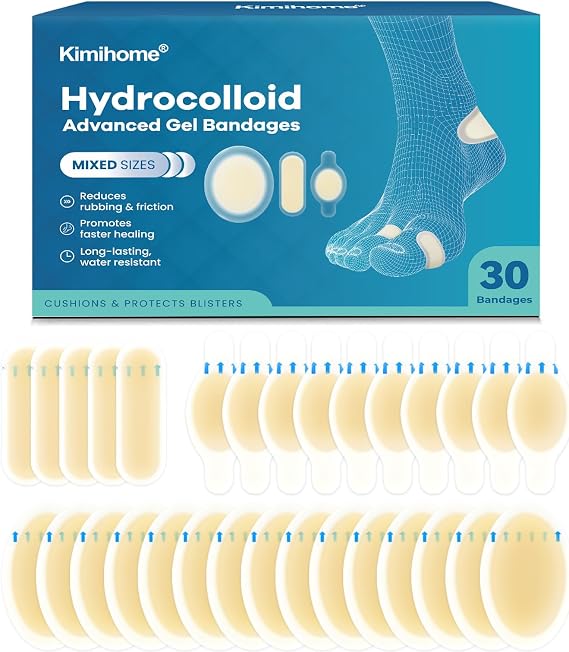Hydrocolloid Blister Bandages for Feet - 30ct Gel Blister Cushions for Heel, Toe - Blister Prevention for Travel - Water Resistant Bandages Pads(Variety Pack)