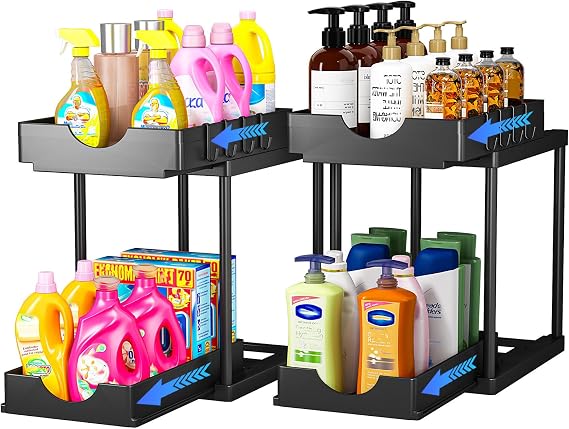 PurKeep 2 Pack Under Sink Storage, Sliding Kitchen Storage and Organisation | 2 Tier Cupboard Organiser, Under Sink Shelf, Under Cabinet Organizer with Hooks, for Bathroom Kitchen Countertop, 2L