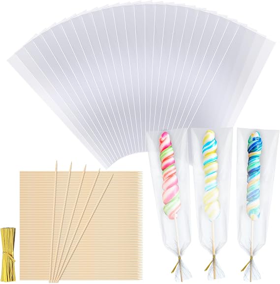 Yexiya Candy Kabob Bags with Sticks100 Cellophane Treat Bags with Twist Ties and 100 Natural Bamboo Skewers 3 x 11 Inches Clear Rod Bag for Packaging Marshmallow Pretzel Treat Candies