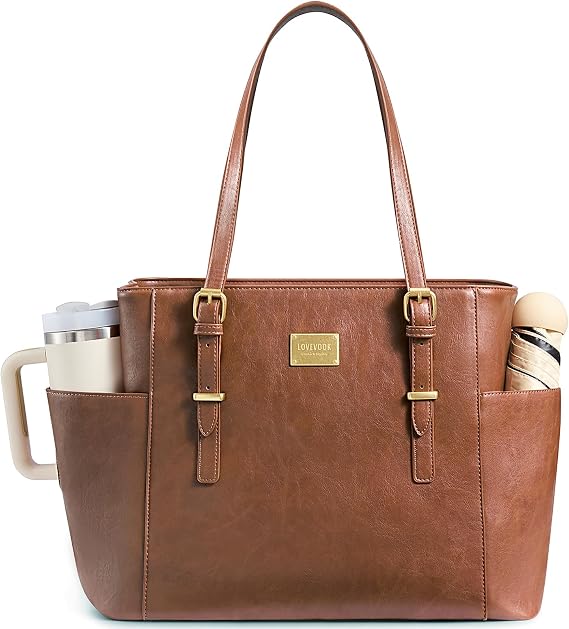 LOVEVOOK Laptop Tote Bag for Women, Vintage Leather 15.6 Inch Work Tote with Large Water Bottle Pocket, Teacher Nurse Professional Computer Bag, Office Briefcase Handbag Gift, Brown