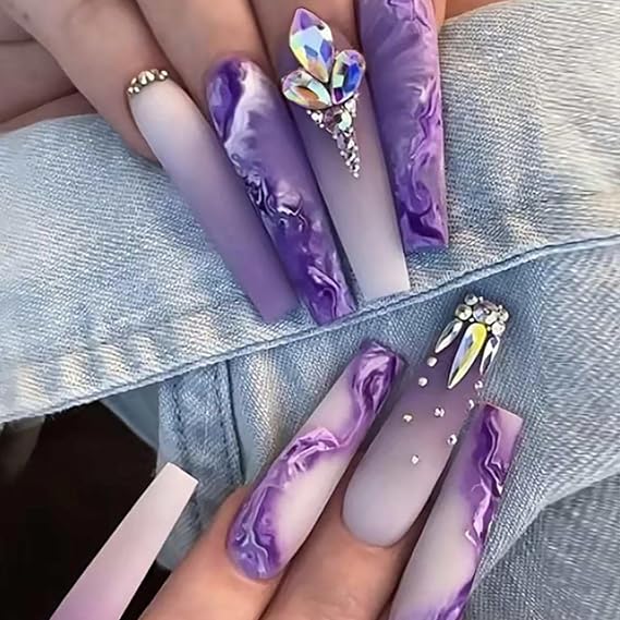 Press on Nails Long Coffin French Tips 24Pcs Glossy Full Cover Acrylic Square Purple False Nails with Rhinestone Designs Ballerina Extra Long Artificial Fake Nails with Charm for Women Girls