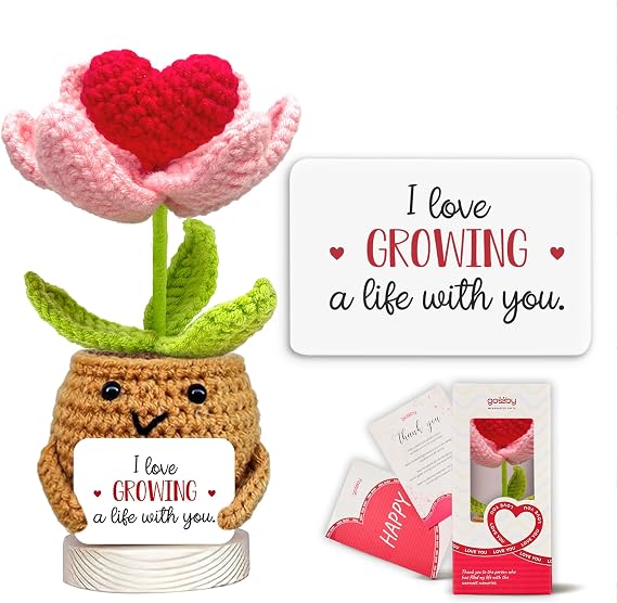 Gossby Handmade Positive Heart Flower Crochet with 'I Love Growing A Life with You' Card - Romantic for Wife Husband - Wedding Engagement Couples Gift for Her Him - Knitted Decor