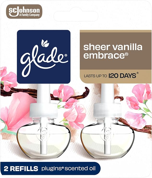 Glade PlugIns Refills Air Freshener, Scented and Essential Oils for Home and Bathroom, Sheer Vanilla Embrace, 1.34 Oz, 2 Count