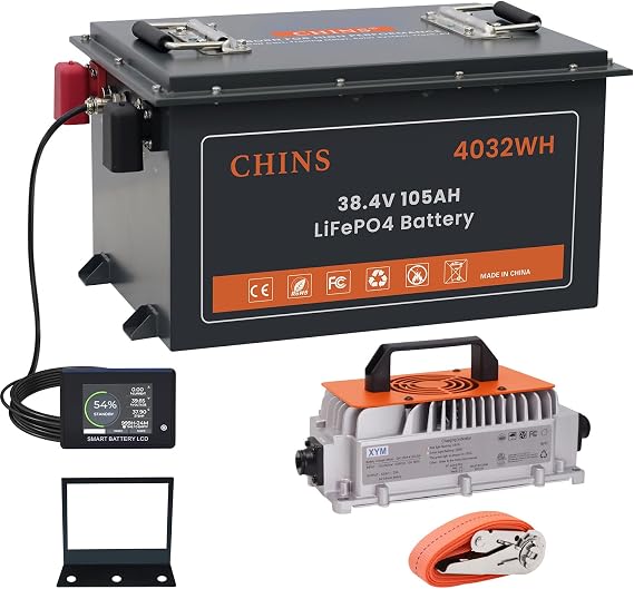 CHINS 36V Lithium Golf Cart Battery 105AH, 200A BMS, Includes Charger, Monitor, 5000+ Cycles