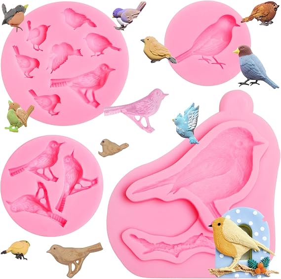 Bird Silicone Mold Set for Cake Decorating, 4 Piece | Fondant & Resin Use, Multiple Bird Designs, Sizes 5-11cm, Detailed 3D Shapes, Cupcake Topper Molds