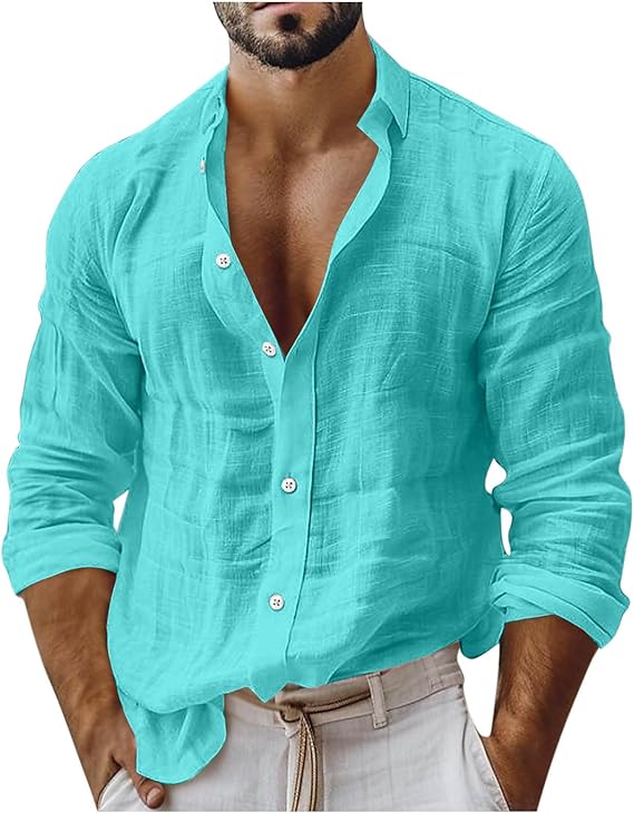 Cotton Linen Shirts Men UK Sale, Plain Tshirts for Man Spring Summer Long Sleeve Tops Breathable Oversized Loose Fit Tee Shirt Solid Color Lapel Collar Work Top Mens 2025 Trendy Plus Size S-XXL