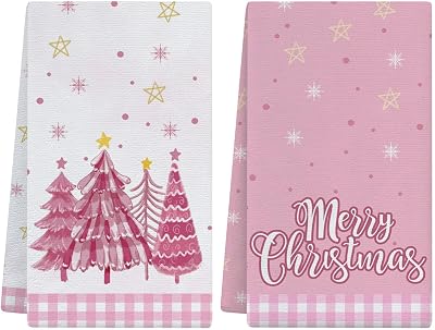 Christmas Kitchen Towels Dish Towels Set of 2, 18x26 Inch Pink Buffalo Plaid Xmas Trees Star Seasonal Decor Hand Towels for Cooking