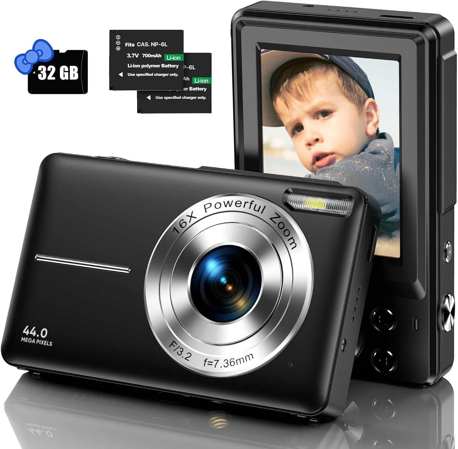 Digital Camera Kids Camera with 32GB Card FHD 1080P 44MP Vlog Camera with LCD Screen 16X Zoom Compact Portable Mini Rechargeable Camera Gift for Students Teens Adults Girls Boys Black