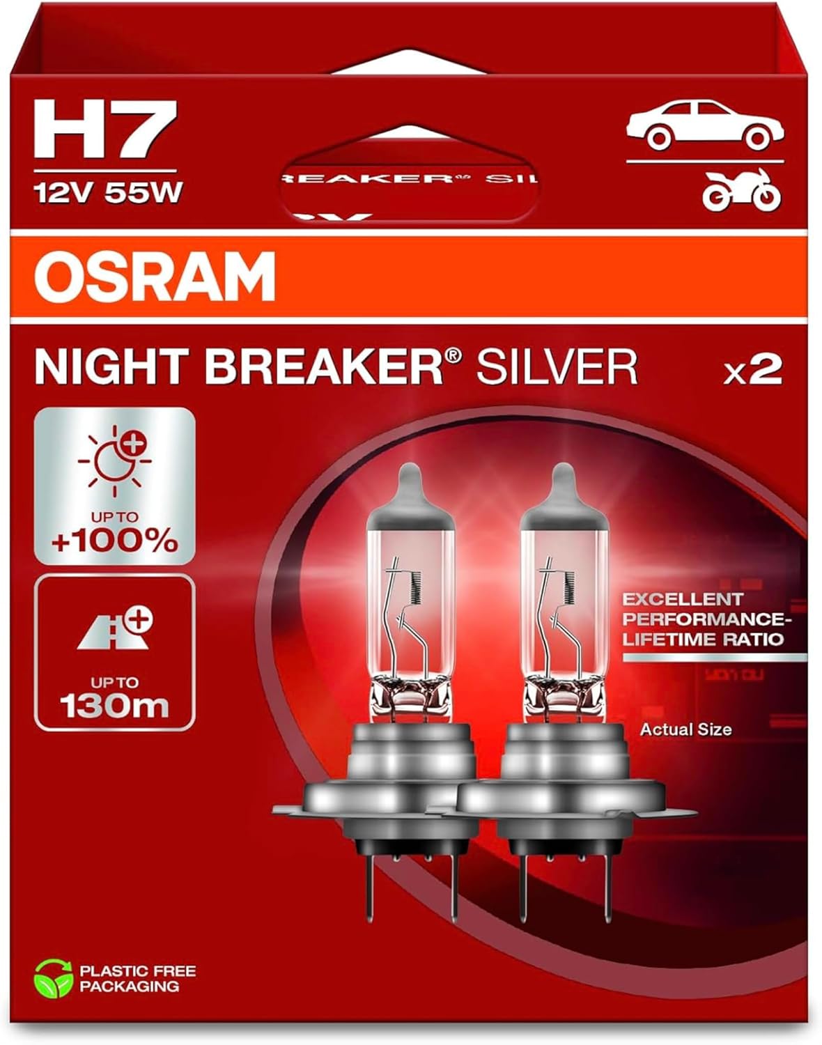 Osram H7 Night Breaker Silver Headlight Bulb, 12V 55W, Pack of 2, 100% More Light, 130m Distance