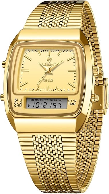 SKMEI Women Classic Watch Luxury Gold Stainless Steel Analog Digital Wrist Watch Stylish Casual Dual Time for Ladies