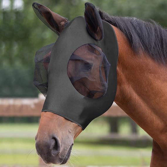 Horse Fly Mask with Ears, Super Comfort Fly Masks for Horses - Full-Size, Breathable & Elastic Lycra, UV & Insect Protection, Large with Web Trim Eye Protection (Black)