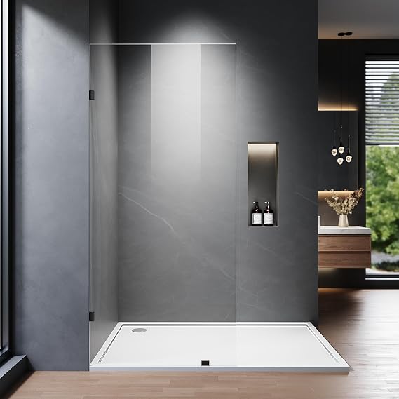 Shower Glass Panel, 34" W x 78.75" H Fixed Shower Screen Panel with 3/8"(10mm) SGCC Ultra Clear Tempered Glass, Frameless Walk in Shower Door with EasyClean Coating (Matte Black, 34" W x 78.75" H)
