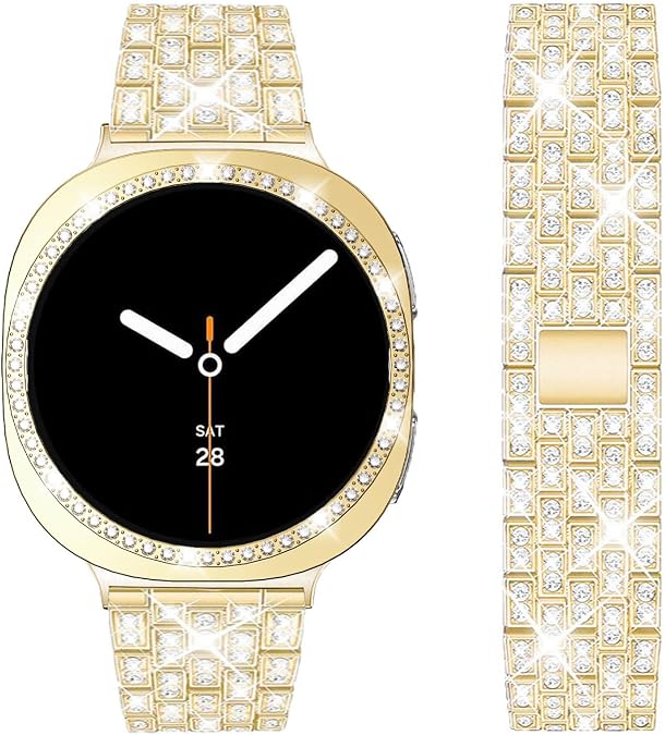 DEALELE Bands and Case Compatible with Samsung Galaxy Watch 8 40mm / 44mm, Bling Rhinestone Diamond Metal Bracelet with Shiny Protective Case Cover Replacement for Women Men