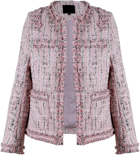 Women's Collarless Plaid Tweed Blazer Elegant Open Front Fringed Casual Business Glitter Jacket