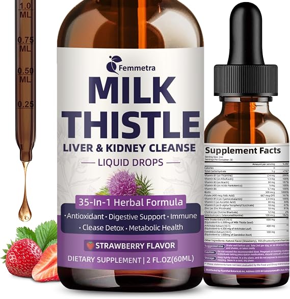 Milk Thistle Extract Liquid Drops for Liver Cleanse Detox & Repair, 35-IN-1 Kidney Support Supplement with Artichoke & Dandelion for Urinary Tract, Bladder, Vegan, Non-GMO, Strawberry Flavor, 2 FL OZ