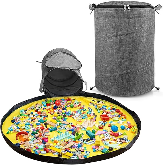 Kids' Toy Storage Organizers with Play Mat, Large Kids Canvas Bag/Bin with Zipper for Building Blocks, Cars, Dolls and Other Toys - Grey