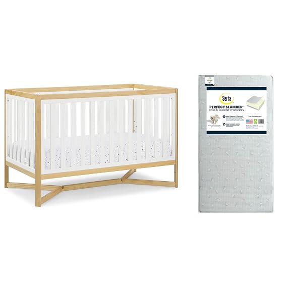 Delta Children Tribeca 4-in-1 Baby Convertible Crib + Serta Perfect Slumber Dual Sided Recycled Fiber Core Crib & Toddler Mattress-Waterproof,Hypoallergenic,GREENGUARD Gold Cert., Bianca White/Natural