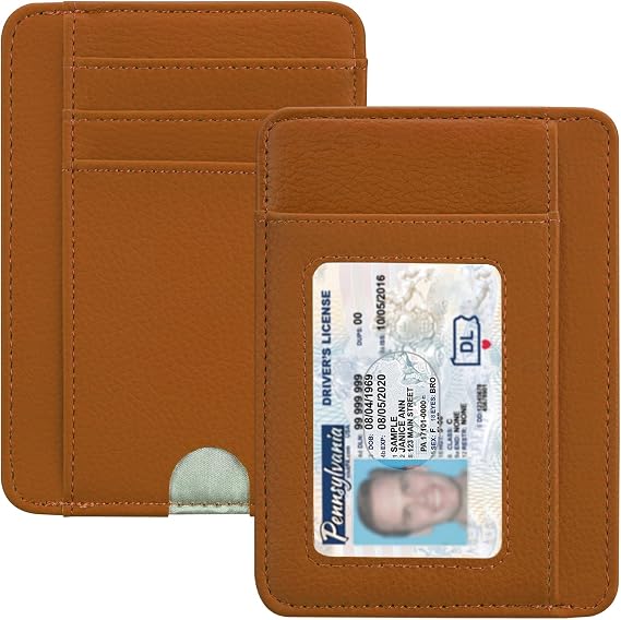HOTCOOL Slim Wallet for Men, Minimalist Front Pocket Simple Leather Credit Card Holder RFID Blocking for Men & Women, Thin Organizer Gifts, Litchi - Brown
