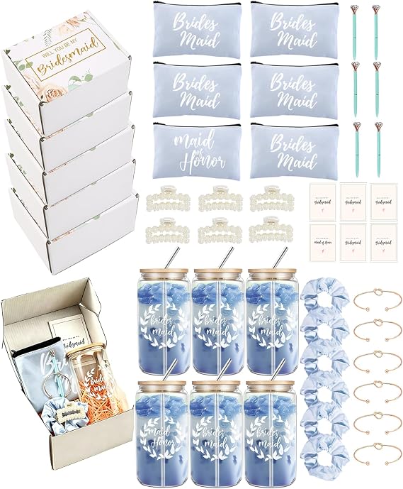 DHQH 48Pcs Bridesmaid Proposal Gifts, Bridal Shower Gifts Set Include 16 Oz Ice Coffee Cups Makeup Bags, Will You Be My Bridesmaid Maid of Honor Gift (Blue)