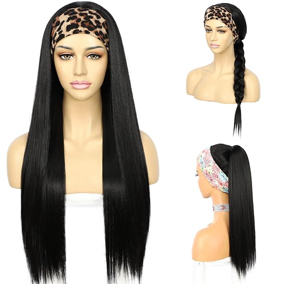 SAPPHIREWIGS Black Straight Synthetic Headband Wig for Women 26 Inch | Natural Black,Sleek Straight,No Glue,Heat Resistant Fiber,Natural Look,Daily Party Use,Comfortable Cap,Adjustable Fit